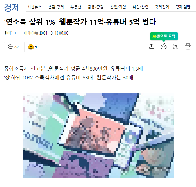 웹툰 작가의 평균 연소득